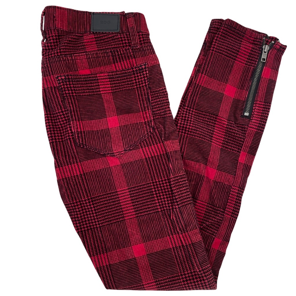 BDG Red Black Plaid Corduroy Skinny Jeans with Boot Zippers